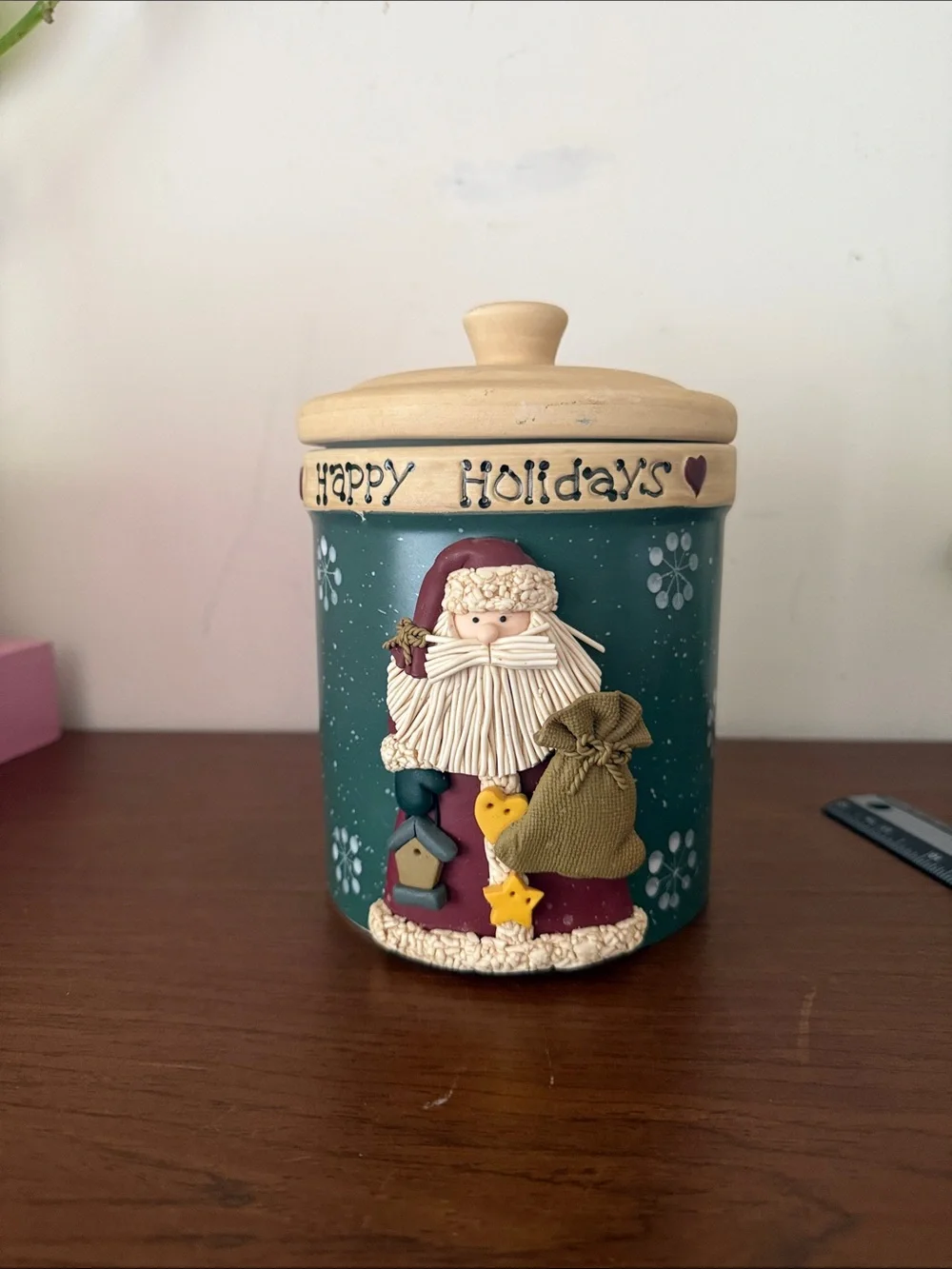 Holiday Santa Cookie Jar - Green and Cream